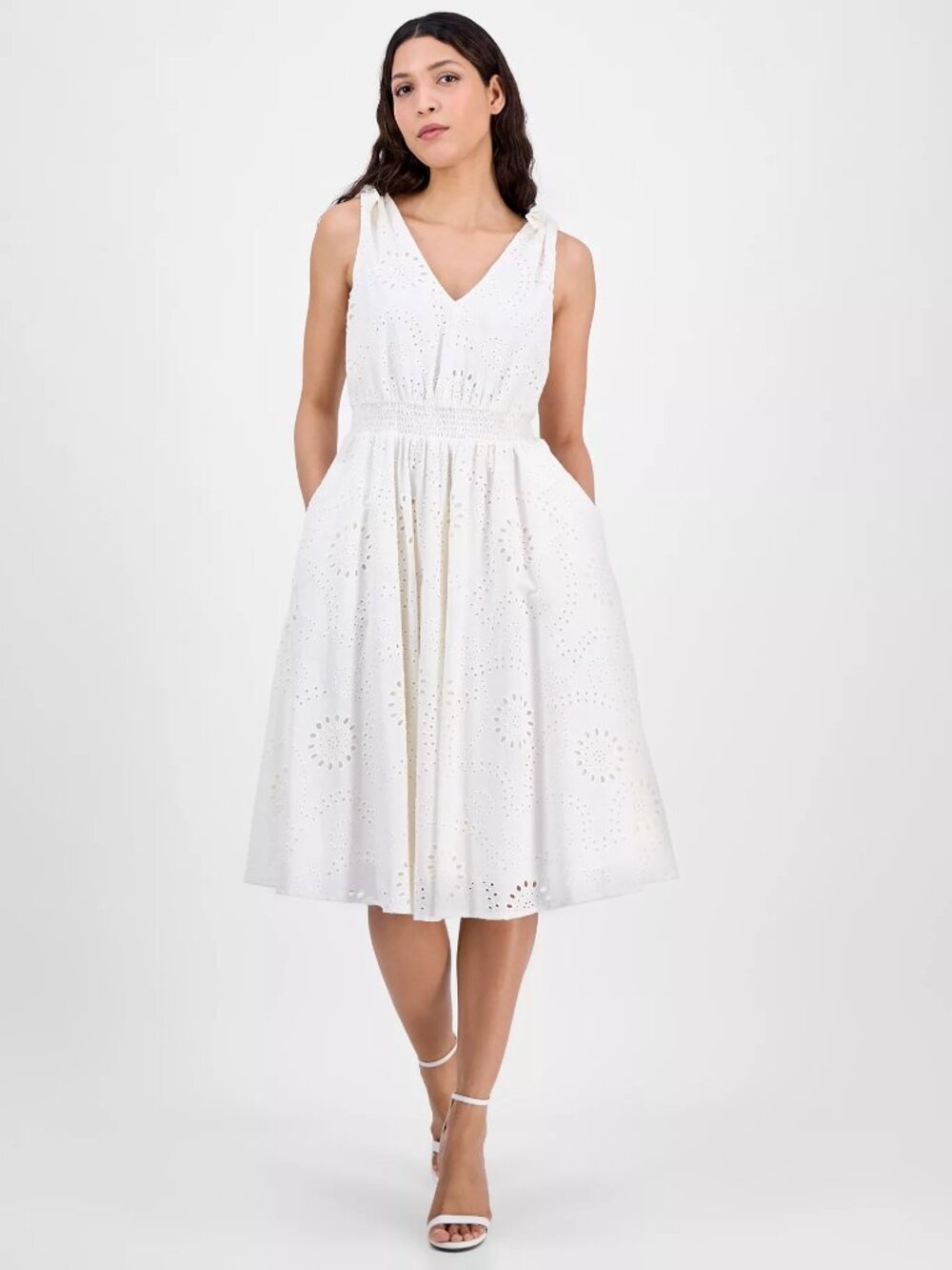 Anne Klein Petite Cotton Lace A-Line Sleeveless Midi Dress Pearl White Size 6P
